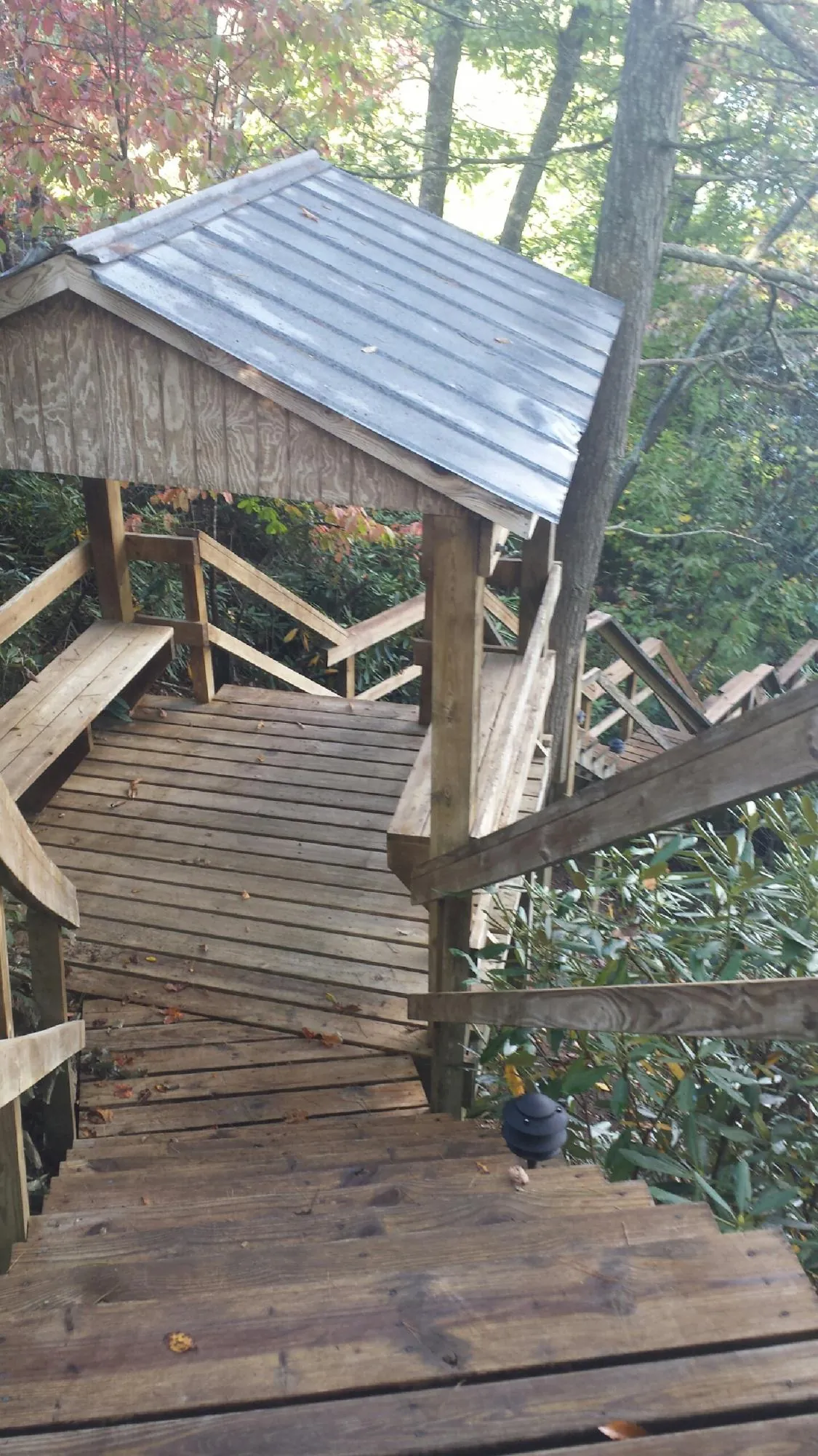 Metal roofed shelter over wooden steps on a wooded walkway — Skylight Repair & Installation work by our crew in Brownell
